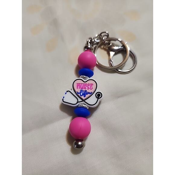 Handmade Accessories - Silicone Bead Keychain 'Nurse Life' Pink & Blue Stethoscope Handmade